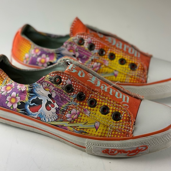 Ed Hardy Shoes - Ed Hardy Floral Skull Print Orange Slip On Shoes Low Top Sneakers Womens Size 8